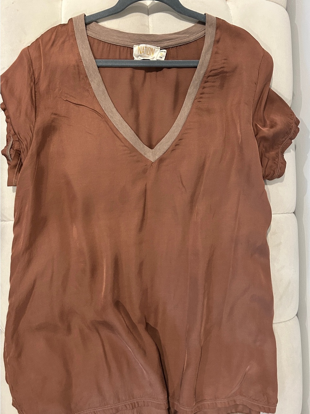 Nation LTD Brown V-Neck Satin Blouse with Taupe Trim